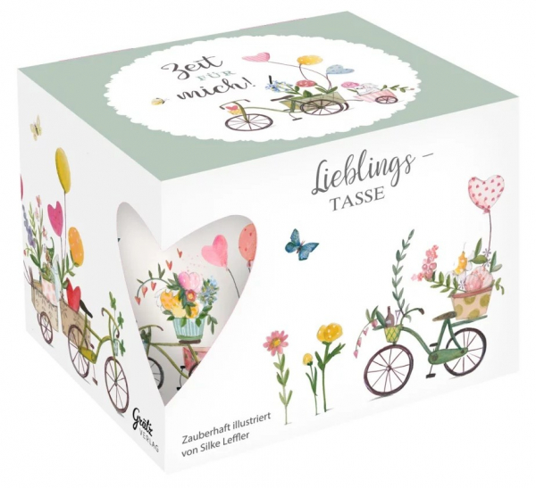 Hochwertige Motivtasse „Auf ins Glück“ mit Herzballons & Blumenillustration